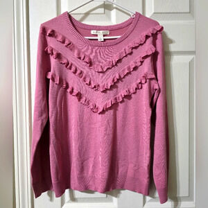 Emaline Chevron Ruffle Crewneck Sweater in Pink, Lightweight Rayon Blend, EUC!